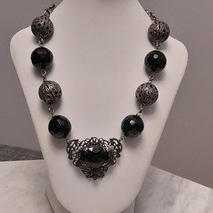 Vintage Designer Jan Michael Statement Necklace Filigree and Black glass